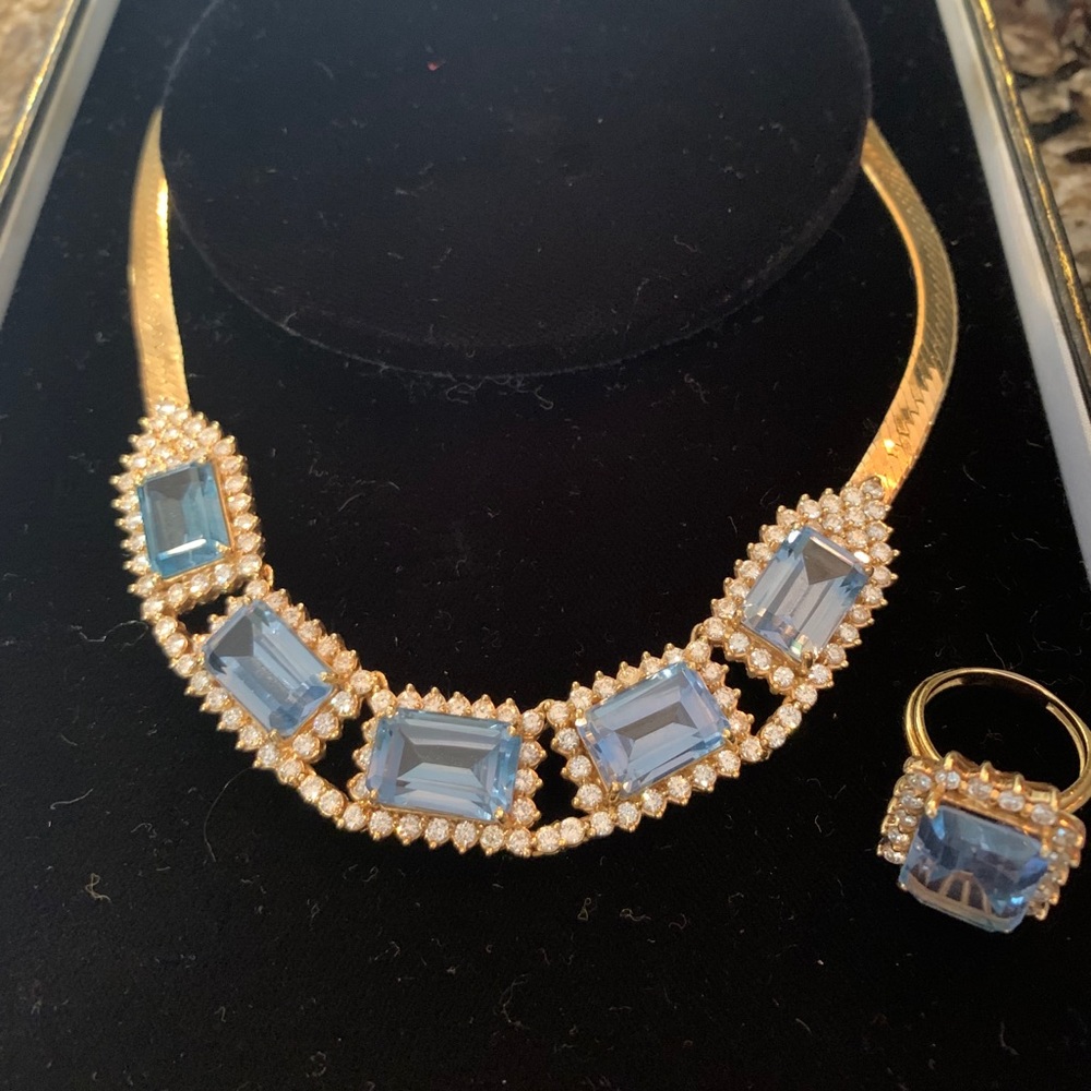 14 karat yellow gold, blue topaz & diamonds-